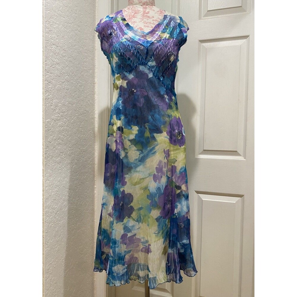 Komarov Floral Crinkle Midi Dress Sz M Watercolor Lagenlook Sheer Artsy Event